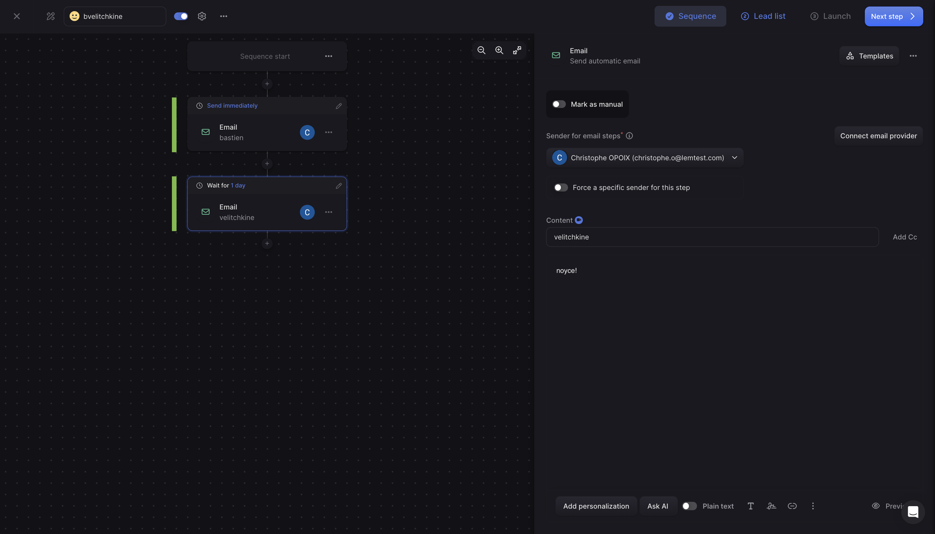 Steps screenshot from the lemlist app interface