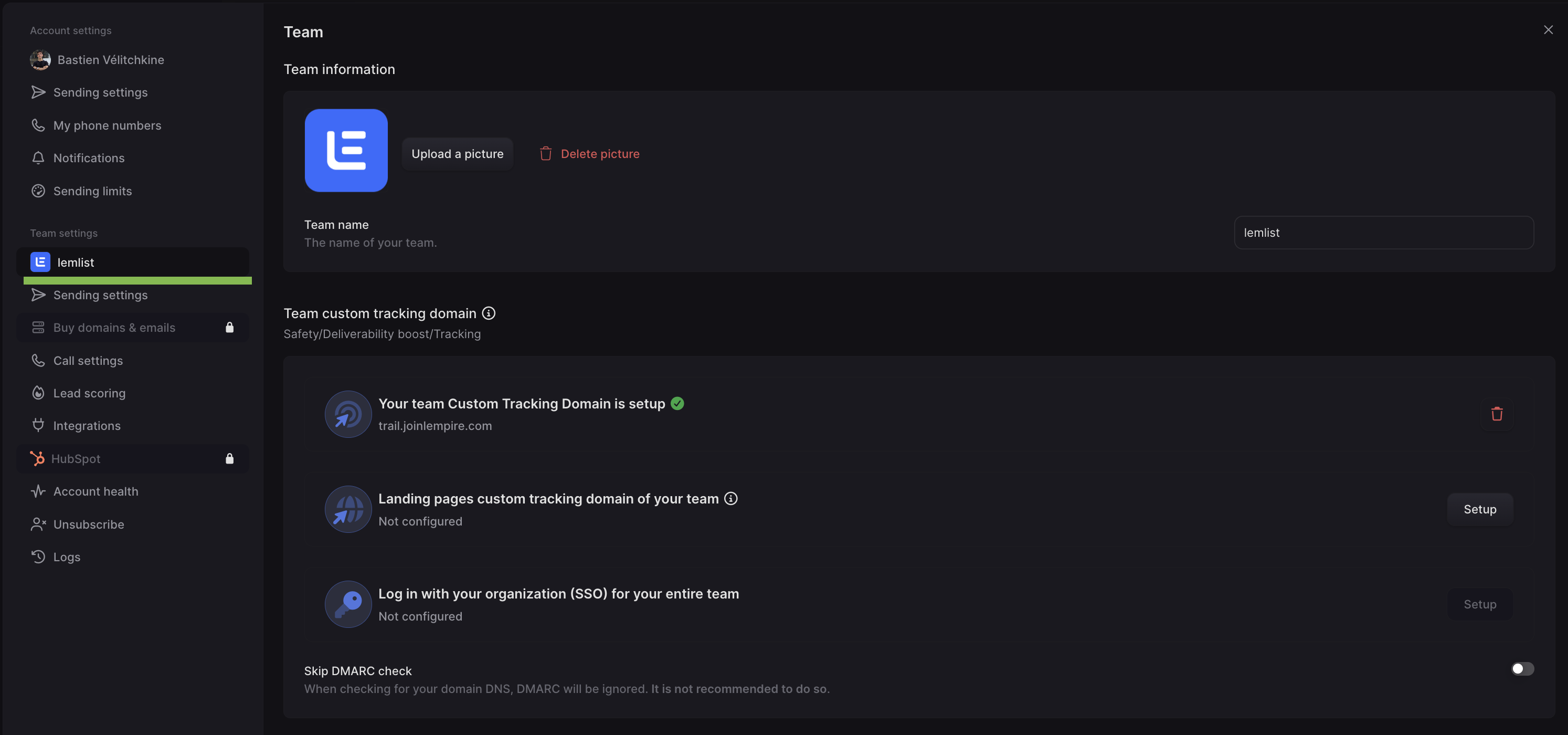 Team screenshot from the lemlist app interface